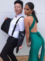 Elegant Green V-Neck Mermaid Sleeveless Popular Maxi Long Party Prom Dresses, FM575