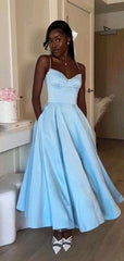 Elegant Baby Blue Sweetheart Spaghetti Strap A-Line Popular Maxi Long Party Prom Dresses, FM587