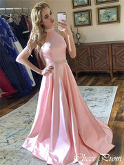 Elegant Pink Halter Pleats A-Line Popular Maxi Long Party Prom Dresses, FM589