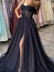 Elegant Black Spaghetti Strap Side Slit A-Line Popular Maxi Long Party Prom Dresses, FM598