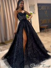 Elegant Black Spaghetti Strap Side Slit A-Line Popular Maxi Long Party Prom Dresses, FM598