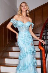 Elegant Blue Mermaid Side Slit Sweetheart Off Shoulder Applique Ruffle Maxi Long Party Prom Dresses,Evening Gowns,FM11