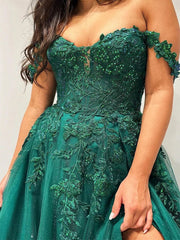 Elegant Green Off Shoulder A-Line Side Slit Lace Popular Maxi Long Party Prom Dresses, FM614