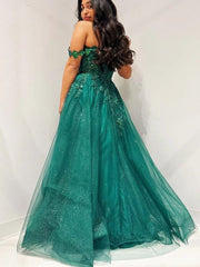 Elegant Green Off Shoulder A-Line Side Slit Lace Popular Maxi Long Party Prom Dresses, FM614