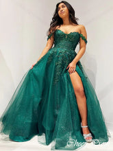 Elegant Green Off Shoulder A-Line Side Slit Lace Popular Maxi Long Party Prom Dresses, FM614
