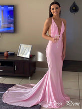 Elegant Pink V-Neck Halter Strap Mermaid Sleeveless Popular Maxi Long Party Prom Dresses, FM618