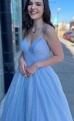 Elegant A-Line Spaghetti Straps V Neck Maxi Long Party Prom Dresses,Evening Gowns,FM130