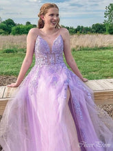 Elegant Lilac A-Line Spaghetti Straps V Neck Side Slit Applique Maxi Long Party Prom Dresses, Evening Gowns, FM150