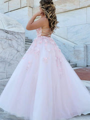 Elegant Light Pink A-Line Spaghetti Straps Lace Up Applique Maxi Long Party Prom Dresses, Evening Gowns, FM181
