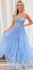 Elegant A-Line Spaghetti Straps V Neck Sleeveless Lace Maxi Long Party Prom Dresses, Evening Gowns, FM260