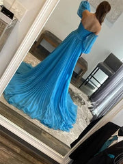 Elegant Blue A-Line 3/4 sleeve Side Slit Popular Maxi Long Evening Gowns, Formal, Birthday Party, FM441