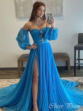 Elegant Blue A-Line 3/4 sleeve Side Slit Popular Maxi Long Evening Gowns, Formal, Birthday Party, FM441
