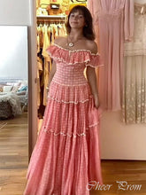 Cute Pink A-Line Off-Shoulder Popular Maxi Long Evening Gowns, Formal, Birthday Party, FM446