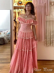 Cute Pink A-Line Off-Shoulder Popular Maxi Long Evening Gowns, Formal, Birthday Party, FM446