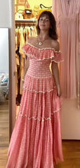 Cute Pink A-Line Off-Shoulder Popular Maxi Long Evening Gowns, Formal, Birthday Party, FM446