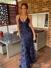 Elegant Blue Mermaid Spaghetti Strap Lace Popular Maxi Long Evening Gowns, Formal, Birthday Party, FM442