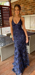 Elegant Blue Mermaid Spaghetti Strap Lace Popular Maxi Long Evening Gowns, Formal, Birthday Party, FM442