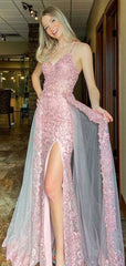 Elegant Pink Mermaid Spaghetti Strap Lace Side Slit Popular Maxi Long Evening Gowns, Formal, Birthday Party, FM457
