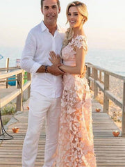 Elegant Pink A-line Scoop Butterfly Lace Popular Maxi Long Evening Gowns, Formal, Birthday Party, FM456