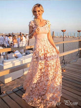 Elegant Pink A-line Scoop Butterfly Lace Popular Maxi Long Evening Gowns, Formal, Birthday Party, FM456