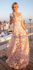 Elegant Pink A-line Scoop Butterfly Lace Popular Maxi Long Evening Gowns, Formal, Birthday Party, FM456