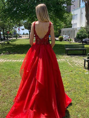 Elegant Red A-Line Spaghetti Strap Lace Popular Maxi Long Evening Gowns, Formal, Birthday Party, FM459