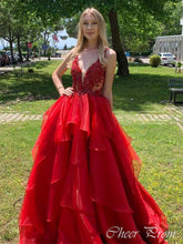 Elegant Red A-Line Spaghetti Strap Lace Popular Maxi Long Evening Gowns, Formal, Birthday Party, FM459