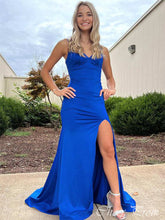 Elegant Blue Mermaid Spaghetti Strap Side Slit Popular Maxi Long Evening Gowns, Formal, Birthday Party, FM479