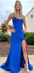 Elegant Blue Mermaid Spaghetti Strap Side Slit Popular Maxi Long Evening Gowns, Formal, Birthday Party, FM479