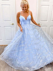 Elegant Baby Blue A-Line Spaghetti Strap Lace Popular Maxi Long Evening Gowns, Formal, Birthday Party, FM487