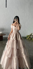 Elegant Pink A-Line Off-Shoulder Popular Maxi Long Evening Gowns, Formal, Birthday Party, FM488