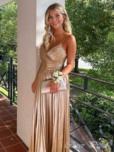 Beautiful Golden A-Line Spaghetti Straps Popular Maxi Long Evening Gowns, Formal, Birthday Party, FM421