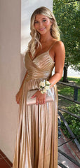 Beautiful Golden A-Line Spaghetti Straps Popular Maxi Long Evening Gowns, Formal, Birthday Party, FM421