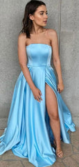 Elegant Baby Blue A-Line Strapless Side Slit Popular Maxi Long Party Prom Dresses,Evening Dress Online, FM518