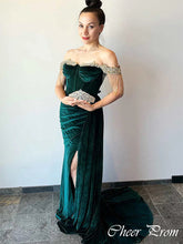Elegant Green Mermaid Off Shoulder Side Slit Popular Maxi Long Party Prom Dresses,Evening Dress Online, FM525