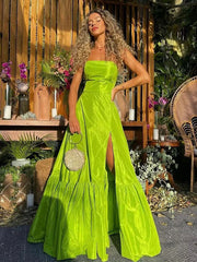 Elegant Lime Green Strapless A-line Side Slit Popular Maxi Long Party Prom Dresses,Evening Dress Online, FM537