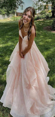 Elegant Pink A-Line V Neck Spaghetti Straps Lace Up Long Party Prom Dresses,Evening Gowns,FM86