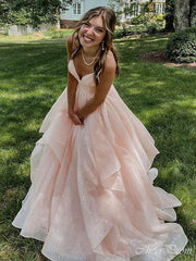 Elegant Pink A-Line V Neck Spaghetti Straps Lace Up Long Party Prom Dresses,Evening Gowns,FM86