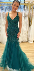 Charming Dark Green Mermaid Straps V Neck Sleeveless Lace Maxi Long Party Prom Dresses, Evening Gowns, FM374