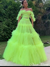 Elegant Lime Green Off Shoulder A-Line Popular Maxi Long Party Prom Dresses,Evening Dress Online, FM548