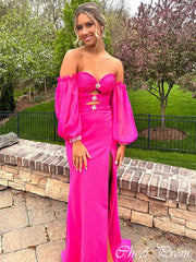 Elegant Pink Off Shoulder Mermaid Side Slit Popular Maxi Long Party Prom Dresses,Evening Dress Online, FM547
