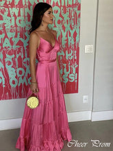 Elegant Pink Spaghetti Strap A-Line Popular Maxi Long Party Prom Dresses,Evening Dress Online, FM555