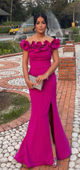 Elegant Pink Off Shoulder Mermaid Side Slit Popular Maxi Long Party Prom Dresses,Evening Dress Online, FM567