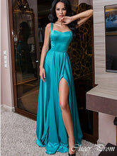 Elegant Blue Square A-Line Side Slit Popular Maxi Long Party Prom Dresses,Evening Dress Online, FM564