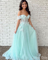Elegant Mint Green A-Line Sweetheart Off Shoulder Applique Maxi Long Party Prom Dresses,Evening Gowns,FM98