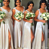 Elegant A-Line Straps Illusion Side Slit Applique Cheap Popular Long Wedding Party Bridesmaid Dresses Online, CP148