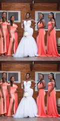 Charming Mermaid Off Shoulder Sleeveless Side Slit Cheap Popular Long Wedding Party Bridesmaid Dresses Online, CP174