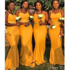 Charming Yellow Mermaid Sweetheart Spaghetti Straps Lace Cheap Popular Long Wedding Party Bridesmaid Dresses Online, CP217