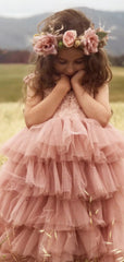 Cute Tulle Cap Shoulder Applique Ruffle Long Cheap Flower Girl Dresses, CPF22