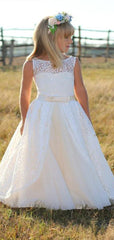 Elegant A-Line Lace Round Neck Sleeveless Applique Long Cheap Flower Girl Dresses, CPF31